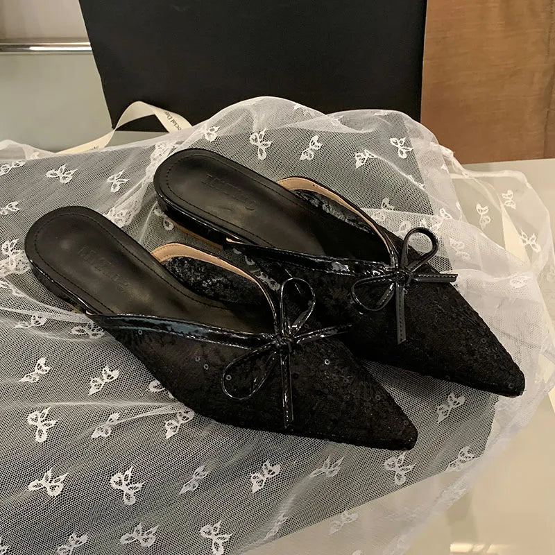Butterfly-Knot Mesh Flats Slippers Mules Shoes Slides Pointed Toe Flats Sandals Shoes