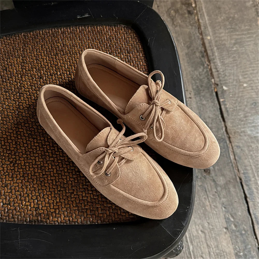 Ballet Flats Shoes Suede Leather Lace Up Casual Loafers Flats Heels Street Office Lady Loafers Shoe