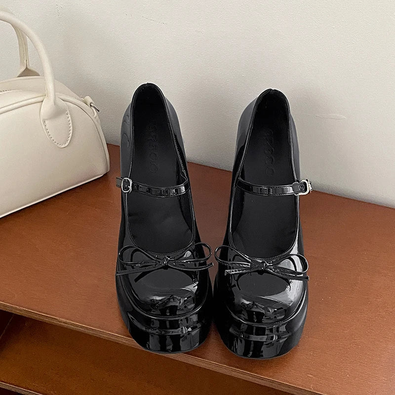 Platform Thick Heel Mary Jane Shoes Butterfly-knot Shoes Outdoor Dress Pumps