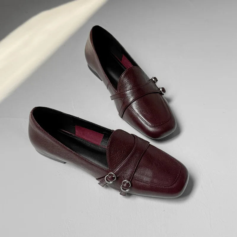 Elegant Burgundy Square Toe Loafers Metal Buckle Stitching Shoes Comfortable Commuting Flat Office Shoes