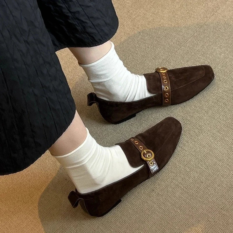 Metal Belt Buckle Design Loafers Retro Suede Square Toe Flats Street Style Comfort Casual Shoe Zapatos Mujer