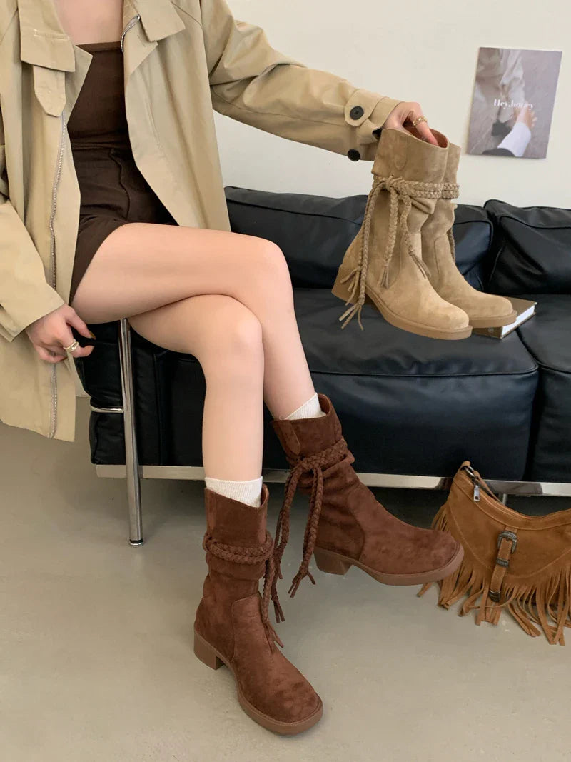 Brown Suede Boots Woman Round Toe Chunky Heels Boots Fall Black Rocks Shoes Botas Western Cowboy Feminina