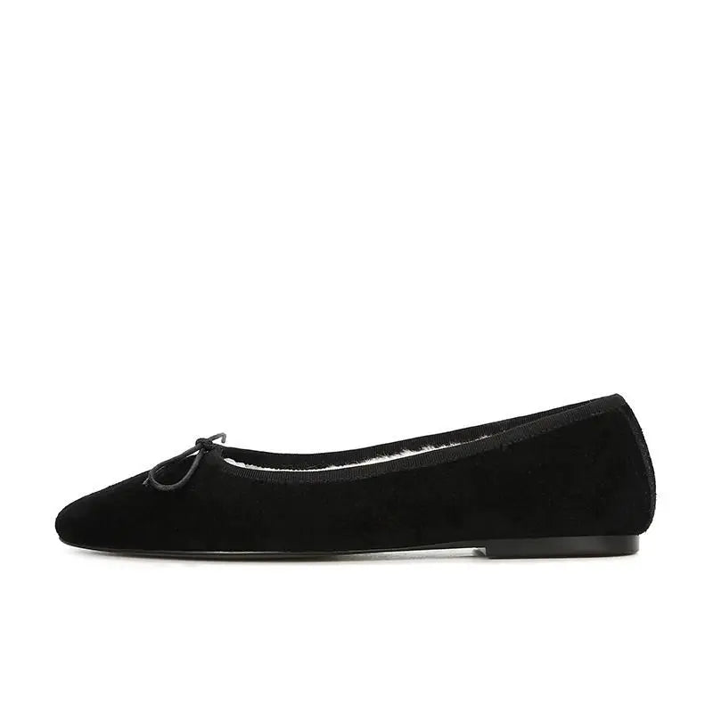 square toe suede leather fur flats elegant bowtie ballerina shoes warm plush mocasines slip on furry loafers