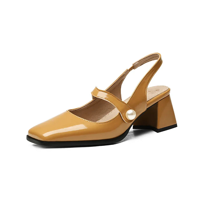 Slingback Sandals Square Toe Patent Leather Block High Heeled Mary Jane Shoes Gold Silver