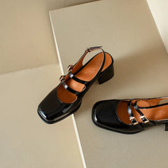 Plus Size 44 45 46 Black Silver Chunky High Heels Mary Jane Shoes Square Toe Double Buckle Pumps Slingback Sandals