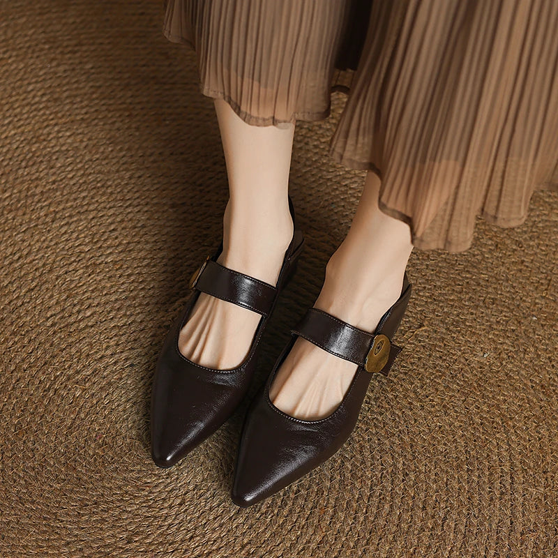 French thick-heeled magic sticker shallow shoes pointed and versatile non-slip small leather shoes