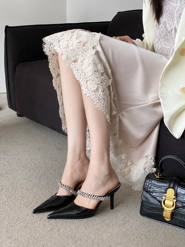 Street CRYSTAL Slipper Pointed Toe Thin Low Heel Sandal Slip On Mules Shoes Zapatos Mujer