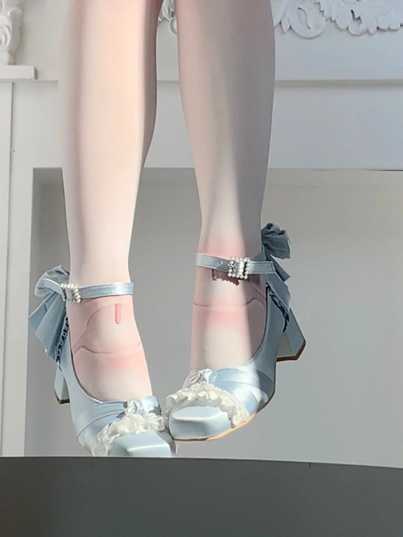 Pink Lolita Shoes Ballet Thick Heel High Heels Mary Jane Shoes Satin Elegant Platform Waterproof Pumps Original