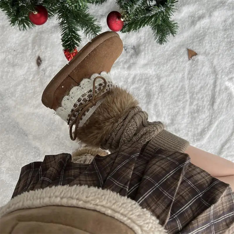 Sweet Lace Decoration Furry Suede Snow Boots Thick Bottom Fluffy Fur Ankle Boots Warm Plush Shoes