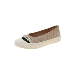 Shallow Mouth Round Head Single Shoes Woven Pearl Bow Thick Soled Low Comfort Loafer Shoe
