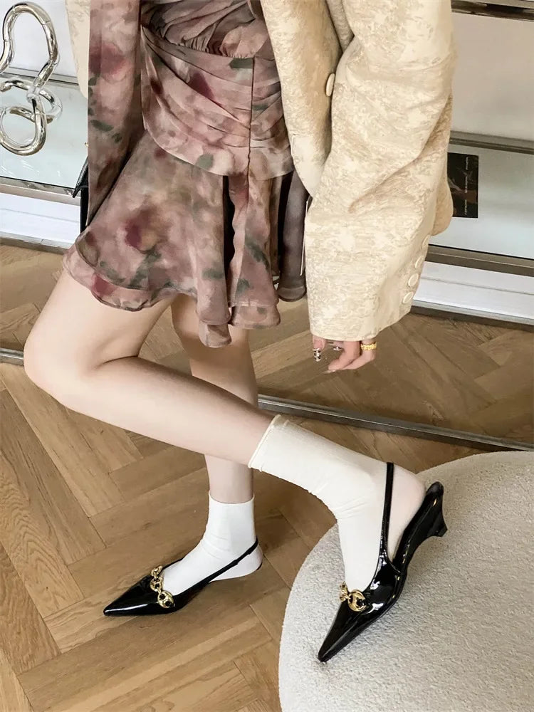Elegant Metal Decoration Pointed Toe Thin Low Heels Sandals Casual Dress Mules Shoes