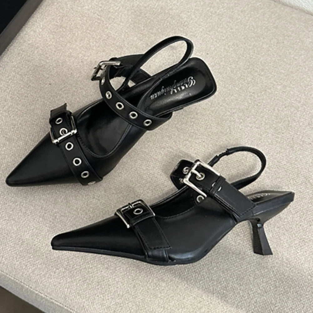 Pumps Belt Buckle Pointed Toe Black High Heel Mule Slides Half Slipper
