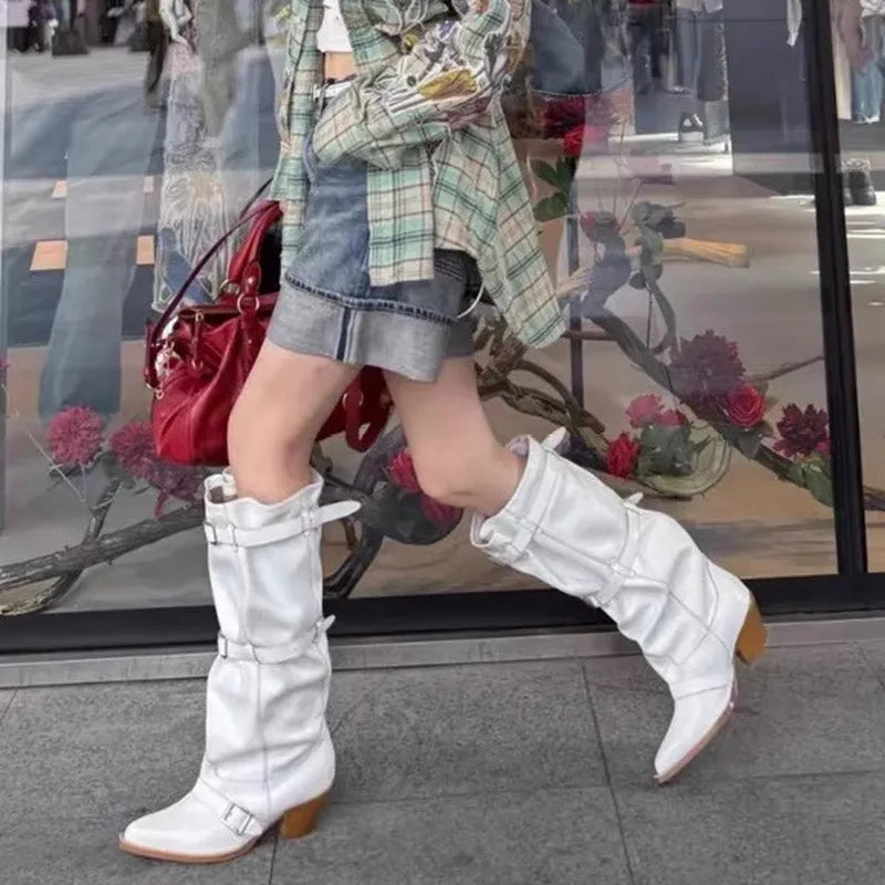 Vintage Pleated Belt Buckle Faux Suede Knee High Boots High heels Western Cowboy Knight Boots Shoes