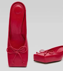Mule Pumps Slippers Bow Square Toe Party Red Elegant High Heels Sandals