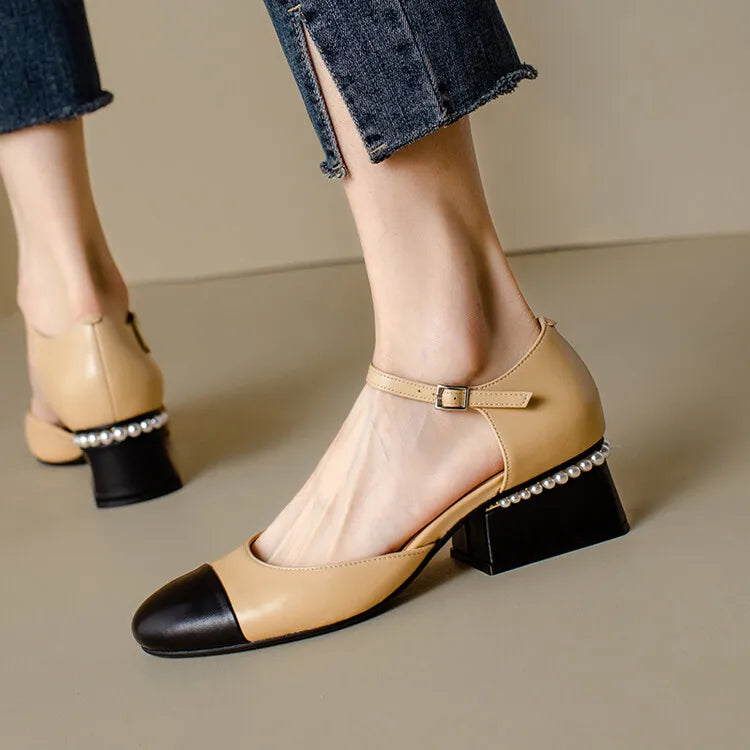Sheepskin Leather Pumps Pearls Chunky Heels Shoes Brand Two Tone Buckle Pumps Wedding Party Dressy Shoes