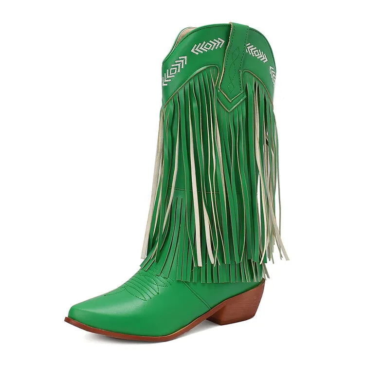 Fringe Western Boots Pink Sweet Embroidered Boots Brown Tassels Block Medium Heels Shoes Plus Size 48 Lady