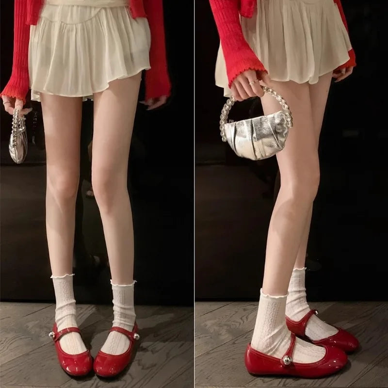 Cartoon Cute Leather Mary Jane Shoes Lolita Red Black Flat Keel Thin Shoes Girl High Quality