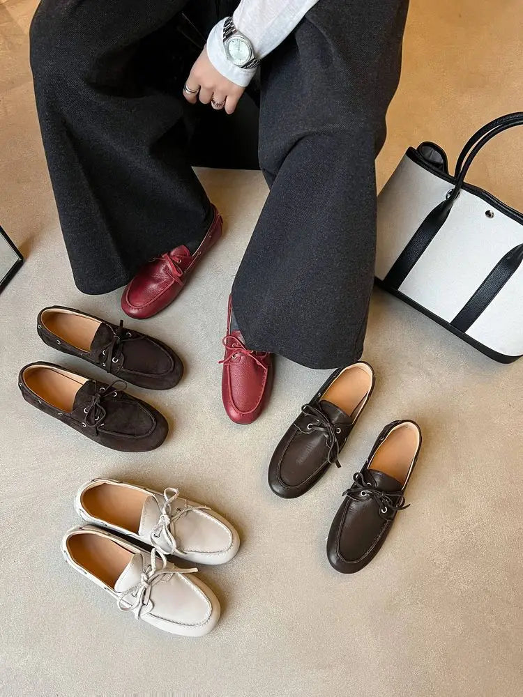 Leather Flats Shoes Loafers Round toe Vintage Suede Leather Casual British Style Flat Single Shoes