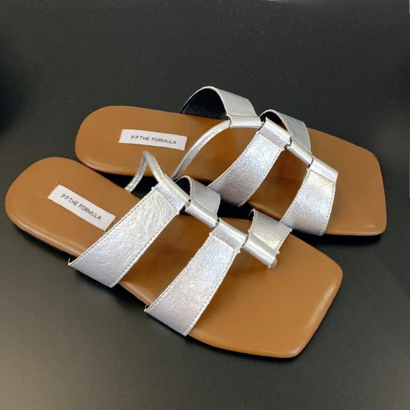 Set Toe Flat Sandals Square Head Hollow Slippers Party Soft Bottom Beach Shoes Flip Flops