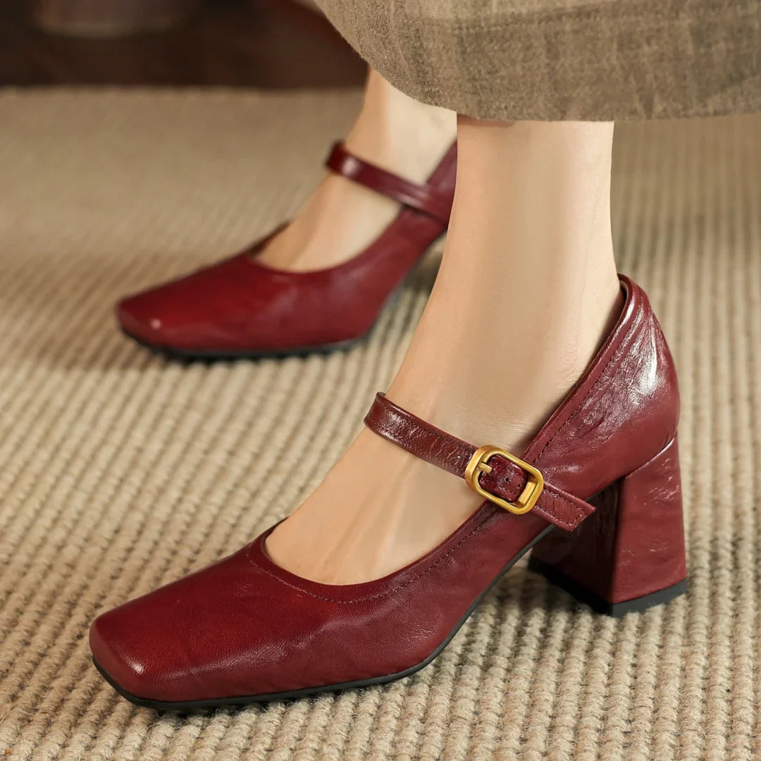 sheepskin square toe slip-on very Jane pumps 6.5cm thick high heel elegant evening dress heeled shoes