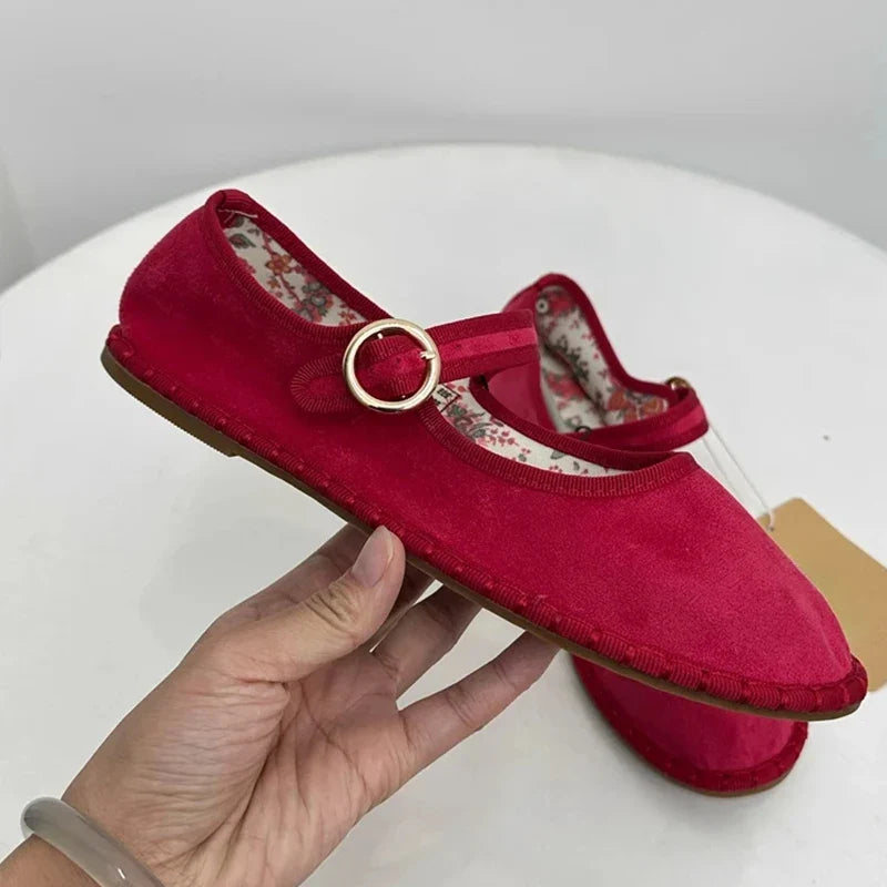 Floral Print Insole Velvet Flats Shoes Hand Stitching Elegant Mary Jeans Shoes Round Toe Ballets Flats Footwear