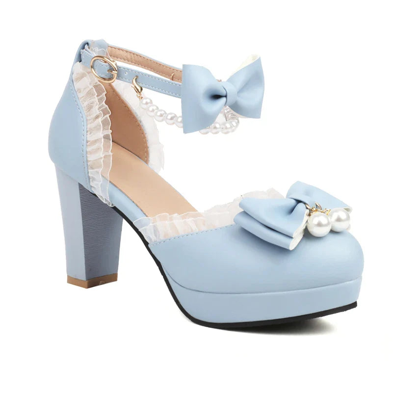 Ankle Strap Two-Piece Lolita Pump Round Toe Platform Kawaii Thick High Heel Bow Buckle Bead Cosplay Shoes Autumn
