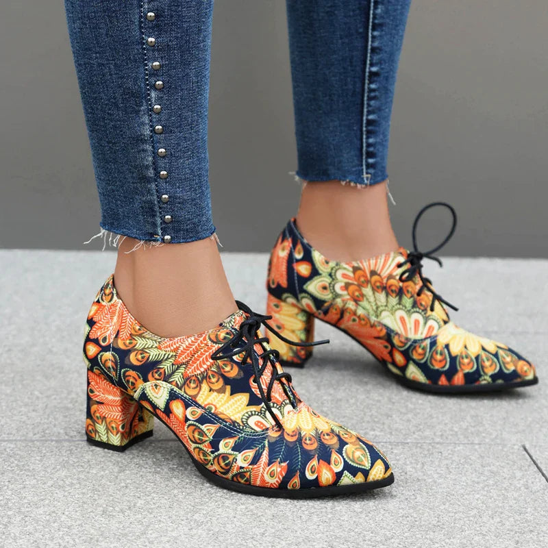 Bohemian Style Printed Fabric Lace Up High Heeled Shoess Round Toe Cross Tied Pumps Casual Oxfords 35-48