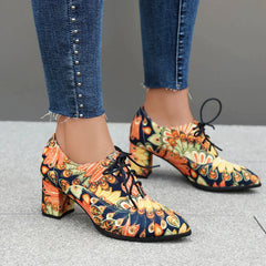 Bohemian Style Printed Fabric Lace Up High Heeled Shoess Round Toe Cross Tied Pumps Casual Oxfords 35-48