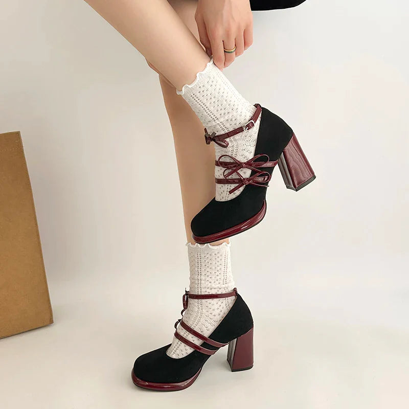 Thick Heel Mary Jane Shoes Butterfly-knot Buckle Strap Shoes Elegant Party Dress Pumps