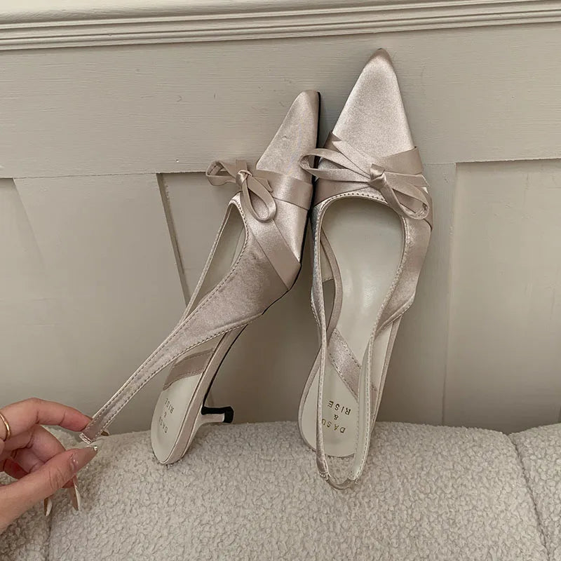 Butterfly-Knot Medium Heels Pumps Shoes Slingbacks Footwear Shallow Thin Heels Shoes Sandals