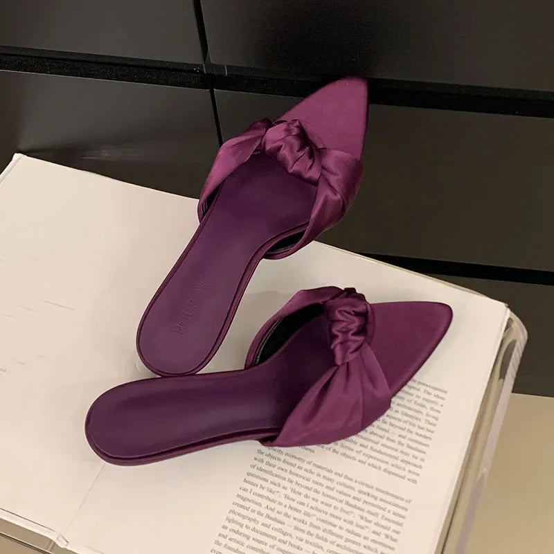 Butterfly-Knot Heeled Slippers Shoes Pointed Toe Low Heel Slippers Pumps
