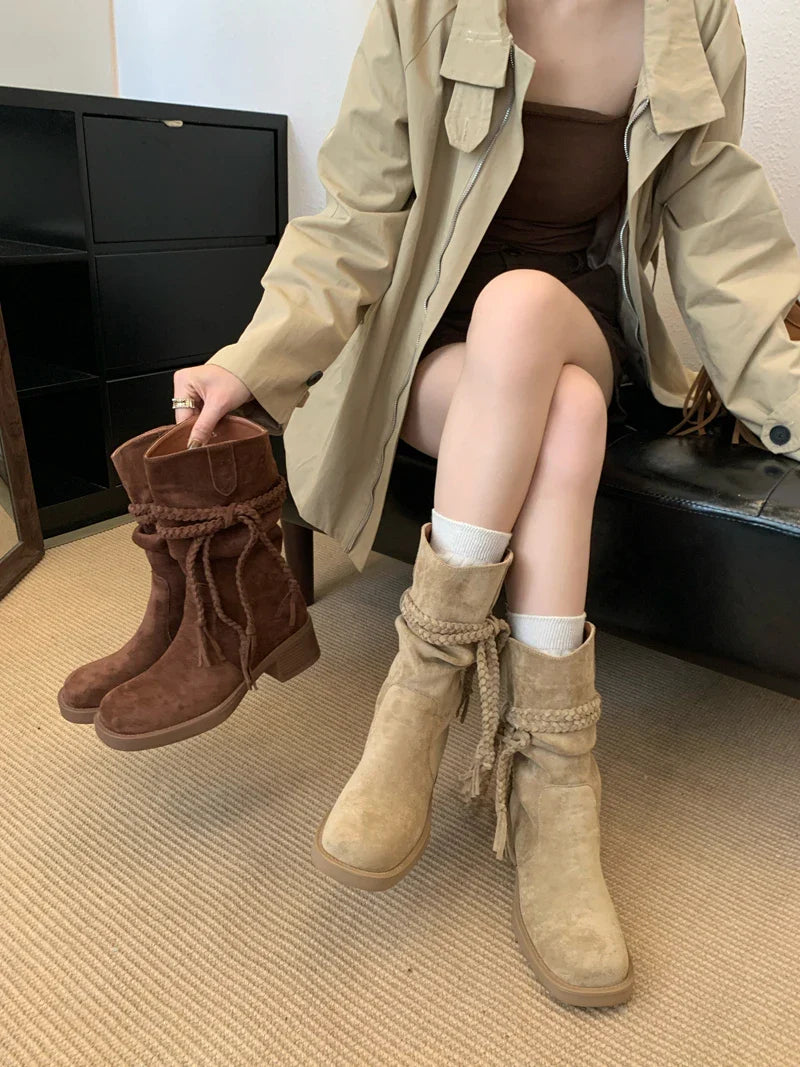 Brown Suede Boots Woman Round Toe Chunky Heels Boots Fall Black Rocks Shoes Botas Western Cowboy Feminina