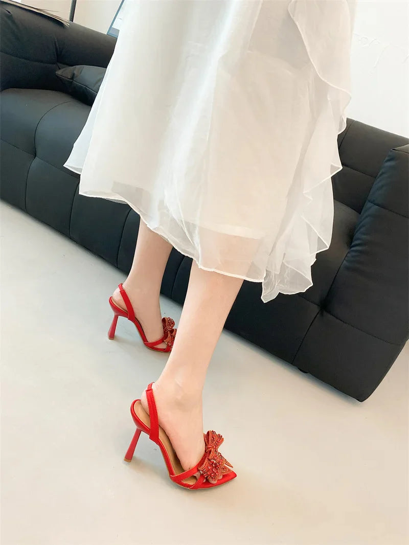 Crystal Rhinestone Bowknot Pointed Open Toe Back Strap Sandals Pink High Heels Wedding Prom Shoes Size 35-41