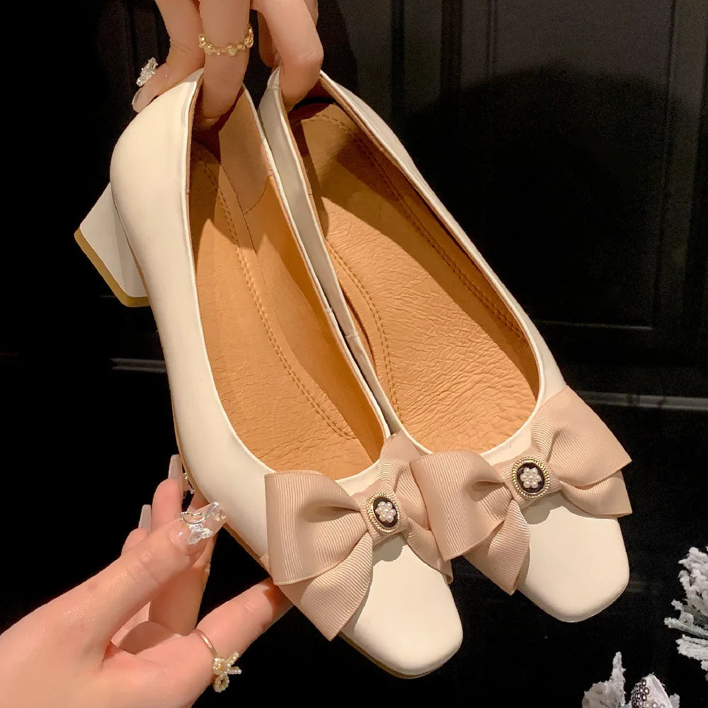 genuine leather square toe slip-on pumps korean style sweet bowtie elegant 4.5cm thick med heel shoes