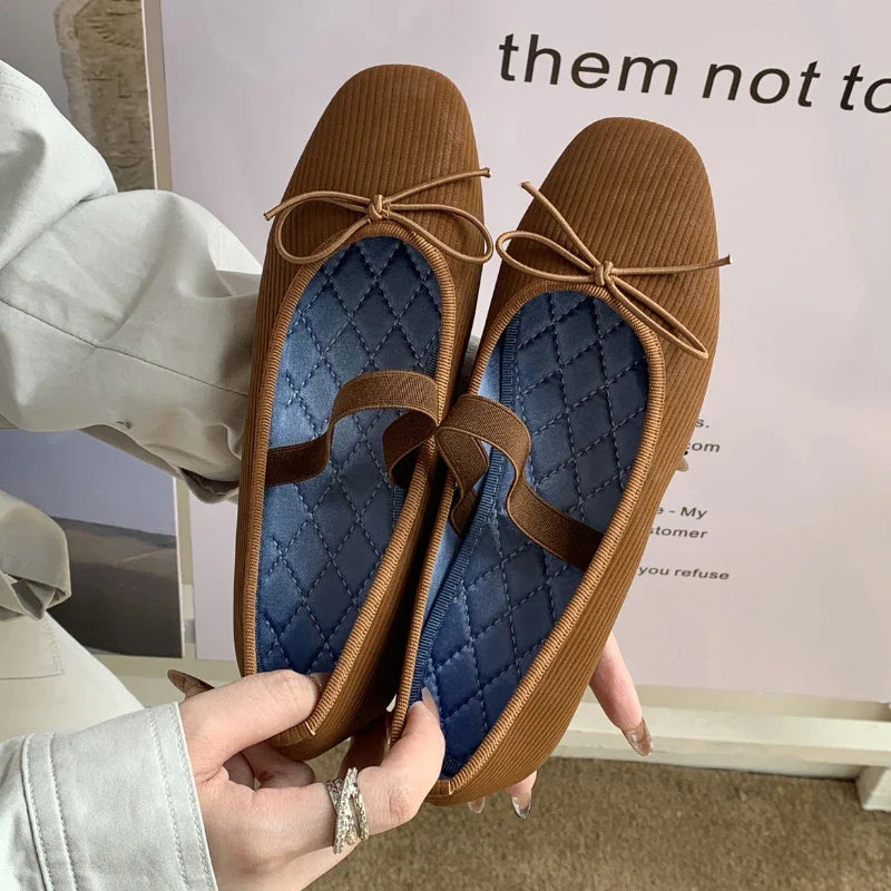 Sweet Butterfly Knot Stripe Design Mary Jane Shoes Comfortable Suede Elastic Band Casual Flats Elegant Brand Shoe