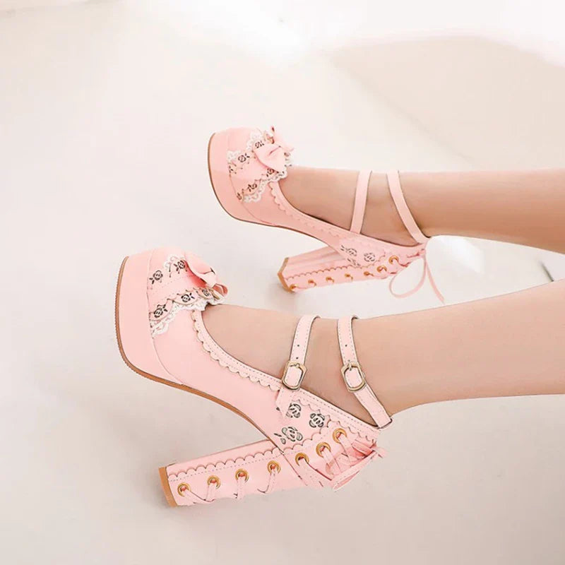 2.5 Platform Cute Bow Lace Princess Lolita Shoes Party 10cm High Heel Buckle Big size 43