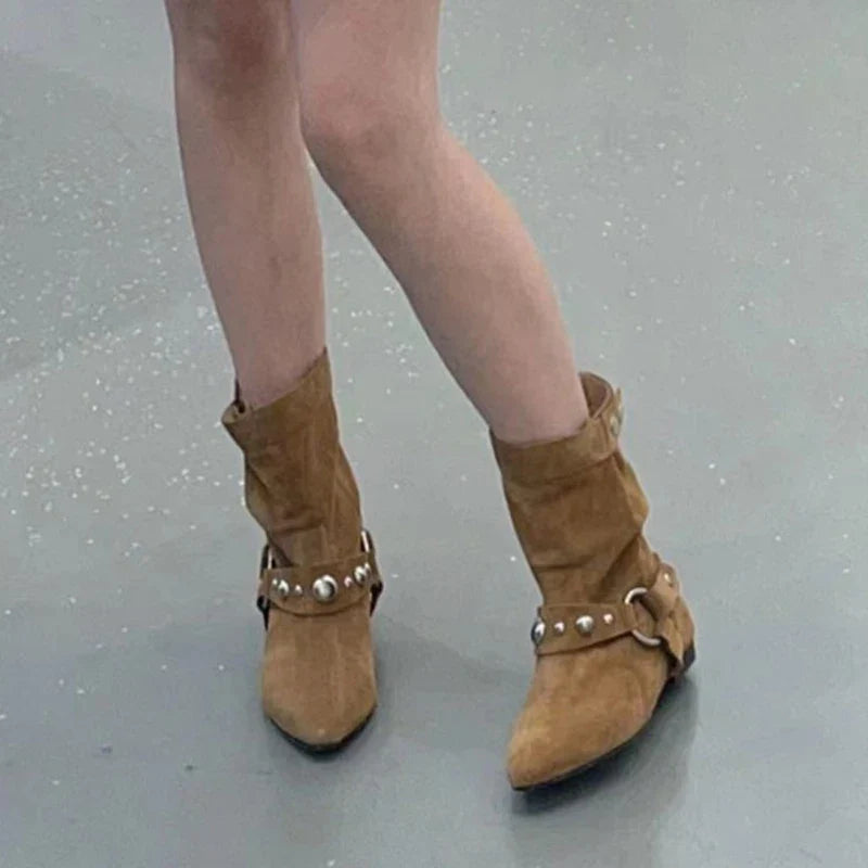Brown Western Boots Metal Belt Rivet Buckle Casual Flat Shoes Ankle Booties Zapatos De Mujer