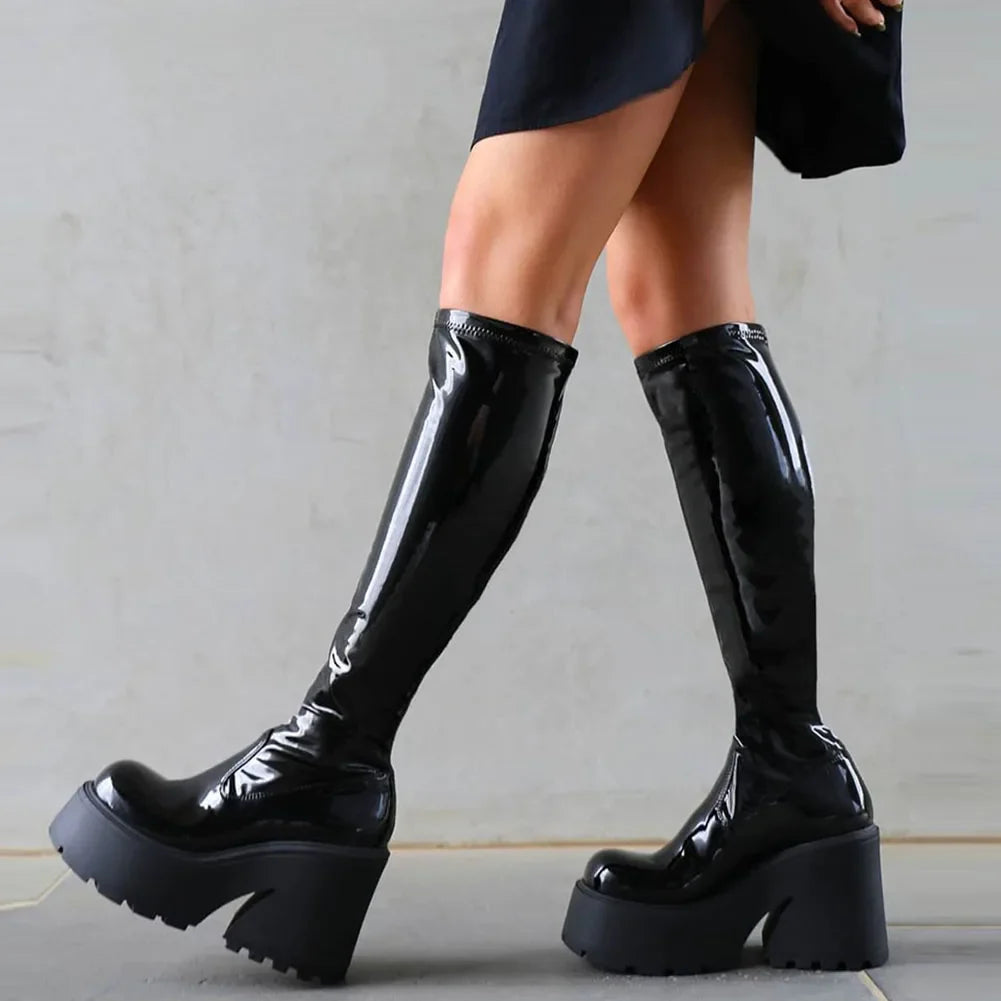 Platform Chunky High Heeled Knee High Boots Cool Round Toe Cute Sweet Heeled Boots Gothic Uniform