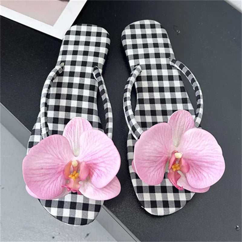 Design Flower Geometric Clip Toe Low Flat Heels Slippers Casual Flip Flops Party Shoes