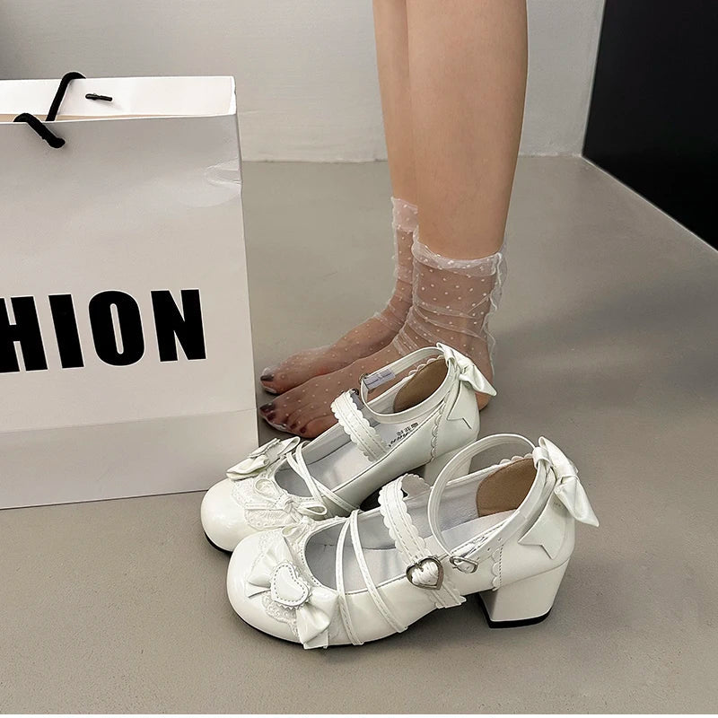 Butterfly-knot Lolita Mary Jane Shoes Elegant Round Toe Thick Heel Shoes Dress Pumps