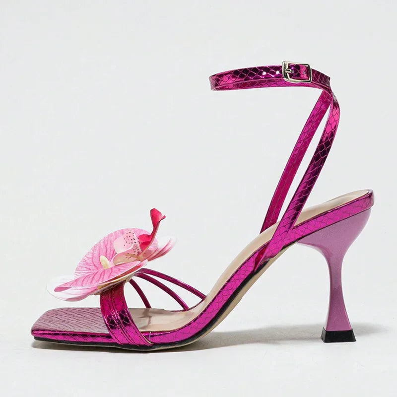 Flowers Square Toe Open Toe High Heel Brand Design Narrow Band Party Thin High Sandals Stripper Shoes