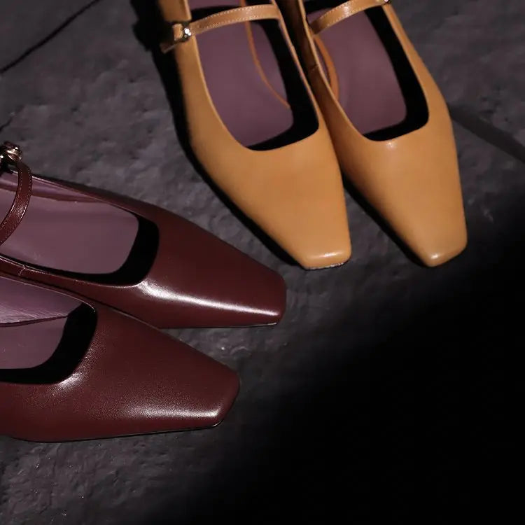 Genuine Leather Mary Jane Shoes Sandals Buckle with Square Toe Soft Bottom Shoes