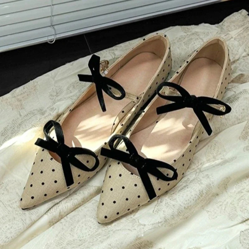 Cute Bow Double Buckle Low Heel Pumps Polka Dot Pointed Toe Shoes Comfort Soft Sole Commuter Office Shoes