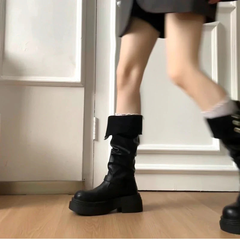 Platform Thick Bottom Woman Knee High Boots Shoes Elegant Belt Buckle Knight Booties