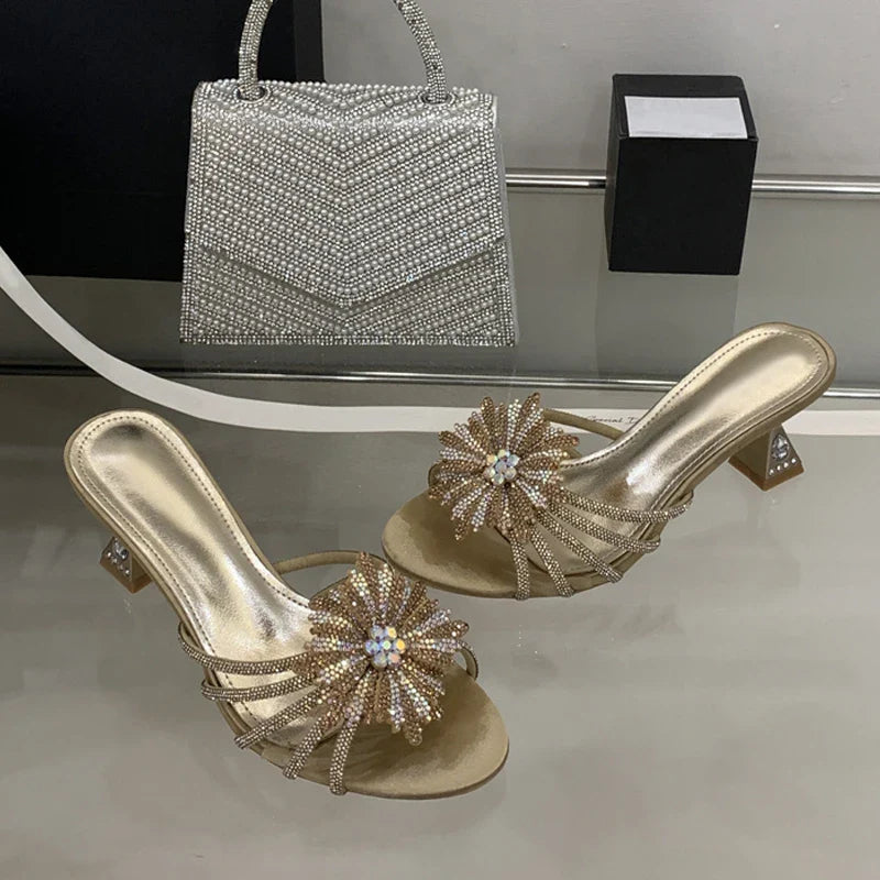 Gold Silver Crystal Gem Strange Low Heels Slippers Rhinestone Flowers Party Prom Shoes Mules Sandals