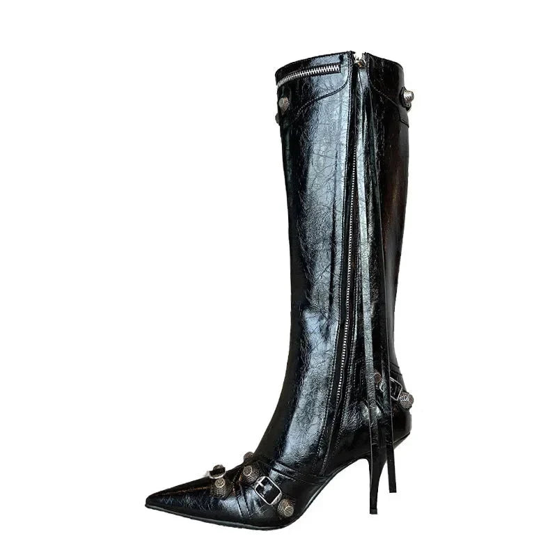 Chelsea Boots Pointed Toe High Heels Shoes Stilettos Knee High Boots Pumps Motorcycle Botas