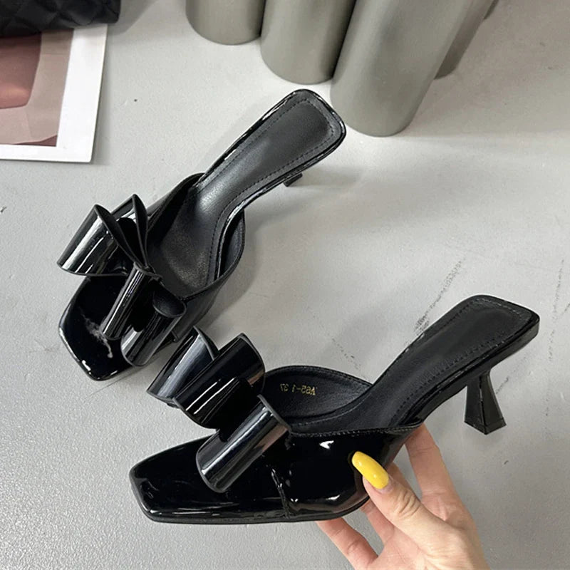 Patent Leather Butterfly Knot Slippers Square Toe Low Thin Heels Mules Slides Shoes Size 39