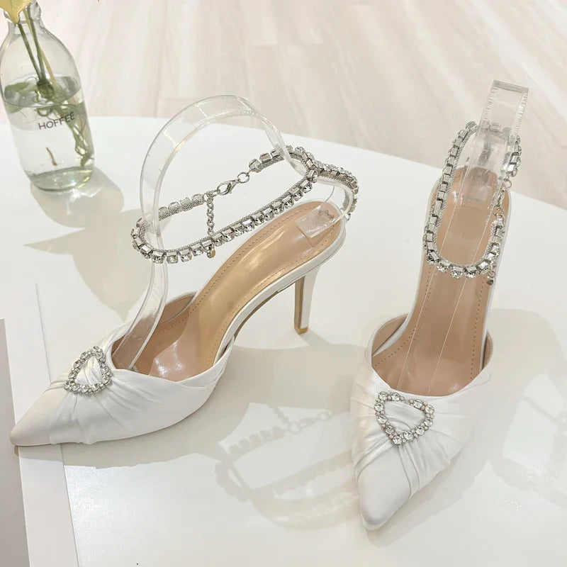 Elegant Crystal Buckle Strap Pointed Toe Prom Thin Heels Sandals Mule Party Shoes
