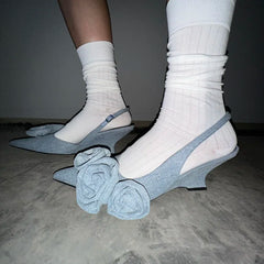Denim Flower Wedges Sandals Pointy Toe Back Straps Lady Unique Street Dress Party Shoes