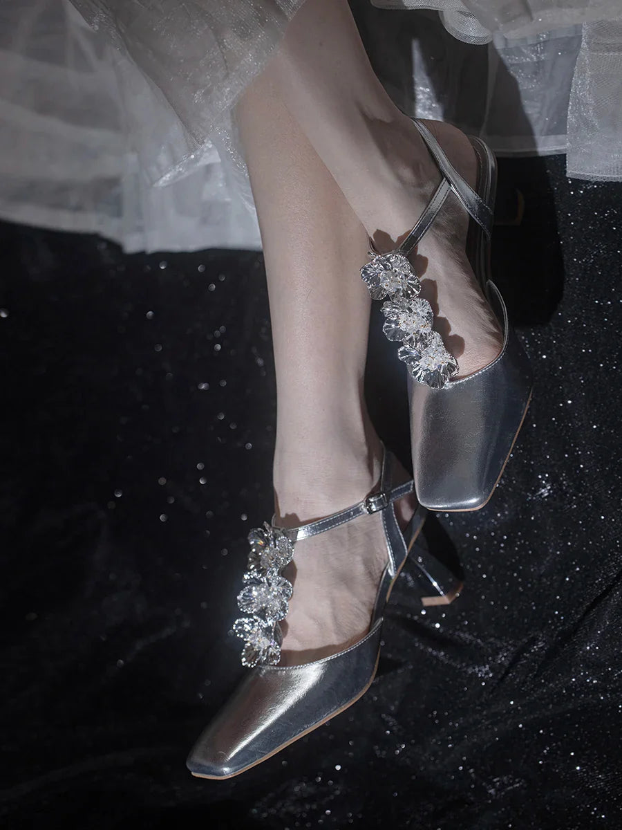 Flower Sandals Sliver Shiny Leather Square Toe Ankle Straps High Heels T Strap Casual Rose